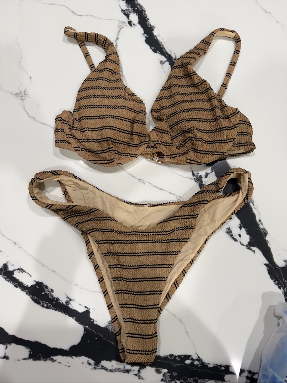 Rhythm. Beige and Black Striped Textured Bikini